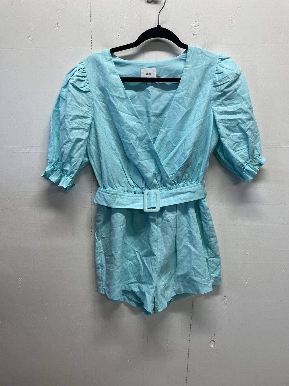 Lena Linen Blend Puff Sleeve Belted Shirt Romper Size Medium Turquoise, Lined